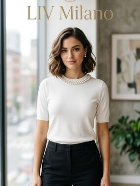 Milano White Short Sleeve Top with Pearl-Trim Crewneck Size US 10